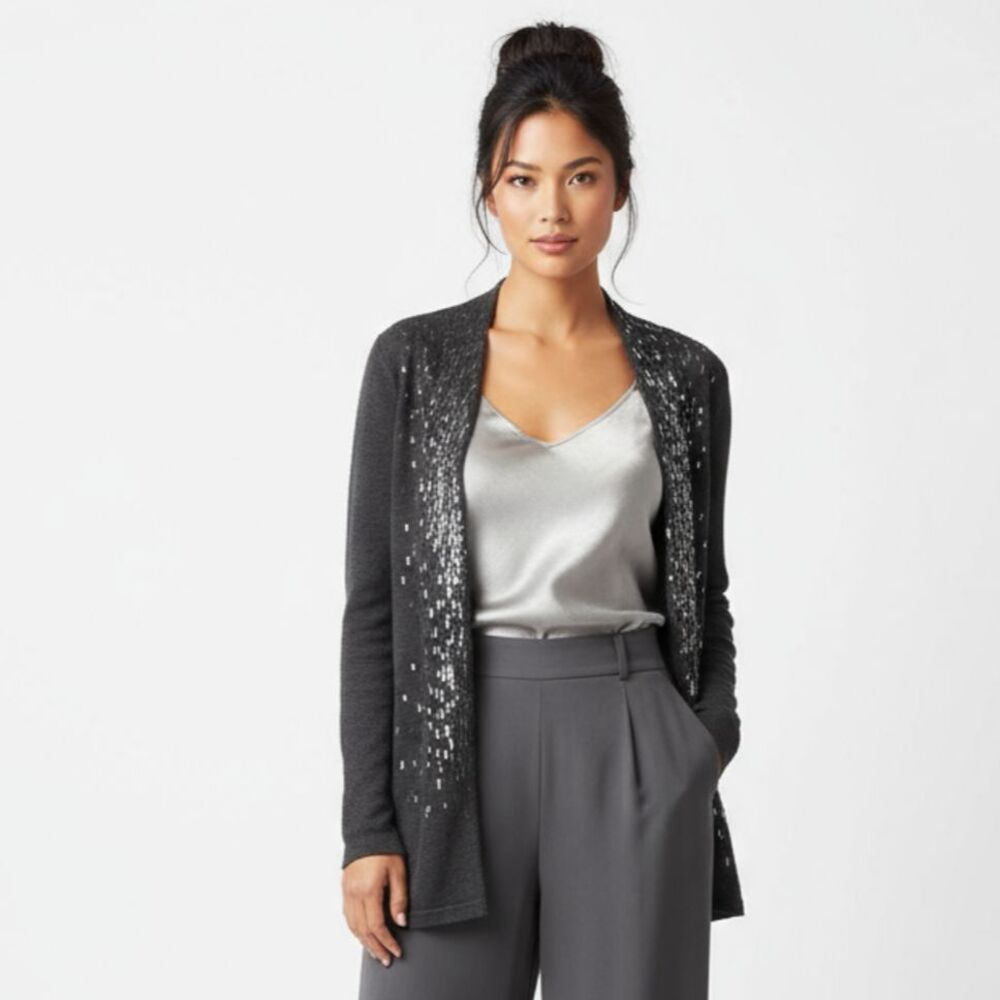 Eileen Fisher 100% Wool Gray Sequins Trim Open Front Cardigan Sweater PS